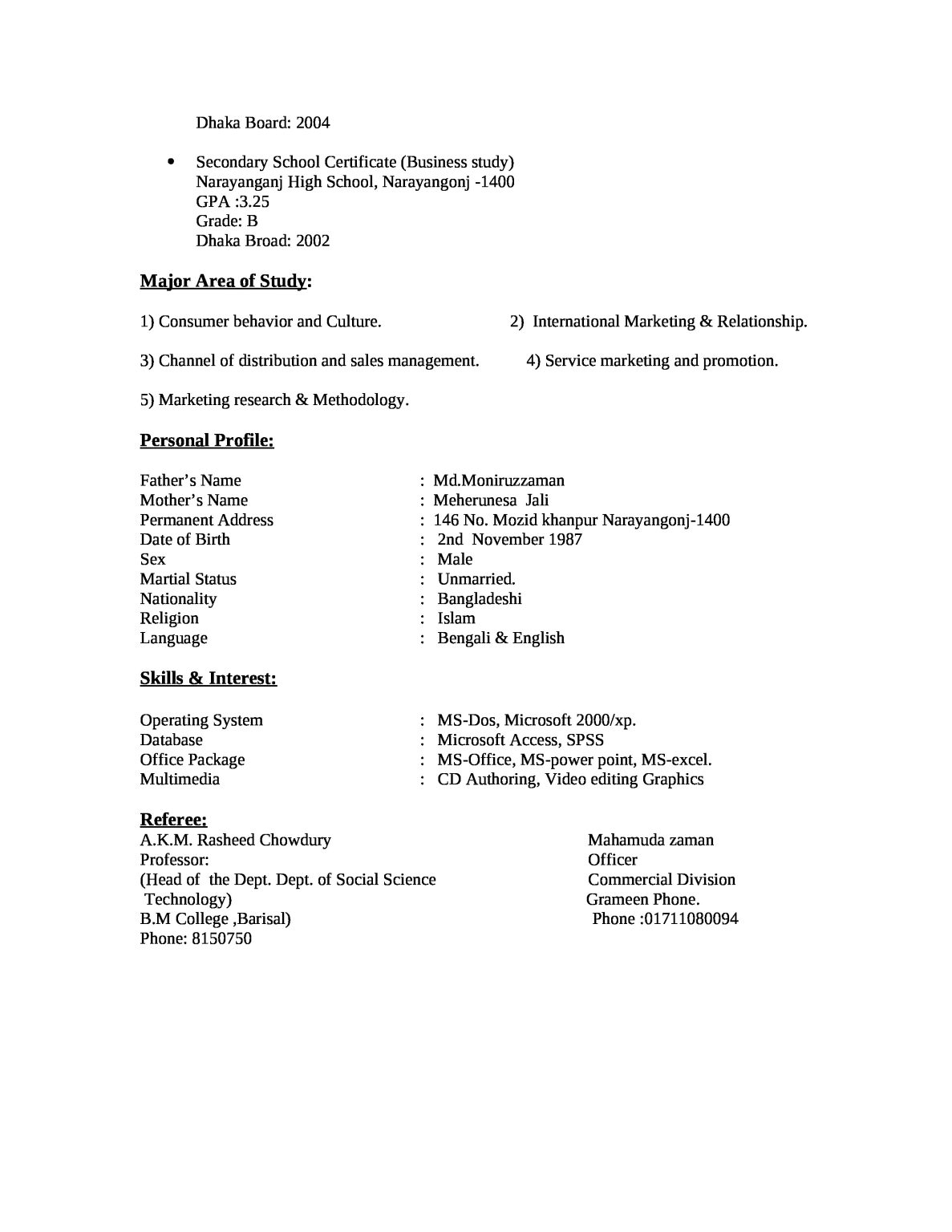 Examples Of Cv Format Pdf